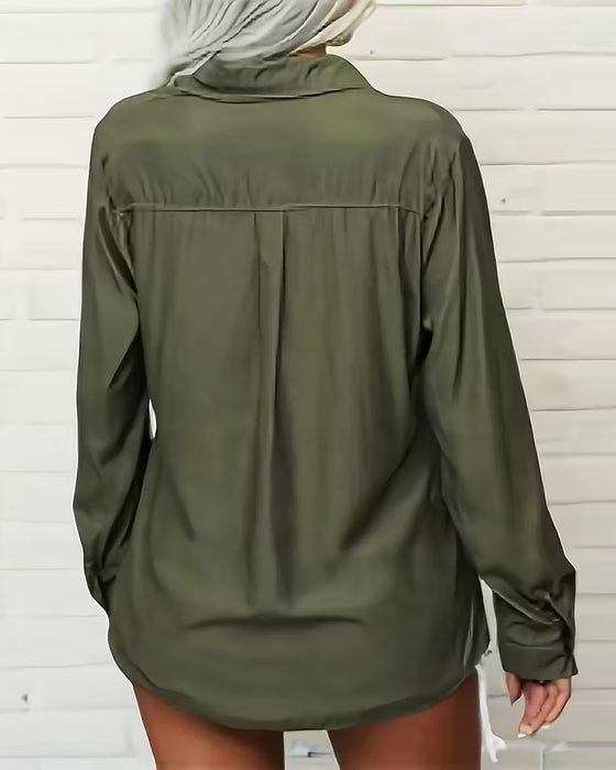 Kvinnors Skjorta Med Dubbel Lomme Detalj, Enfärgad Design