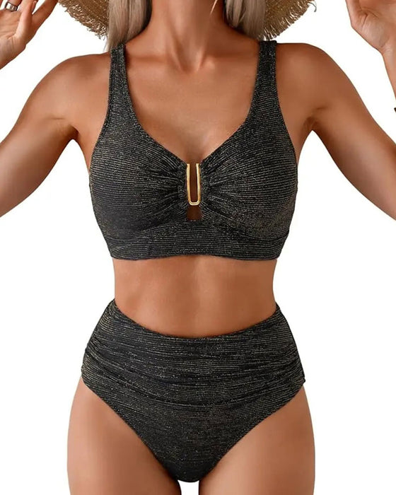 Bikini Hög Midja Randig Knapp