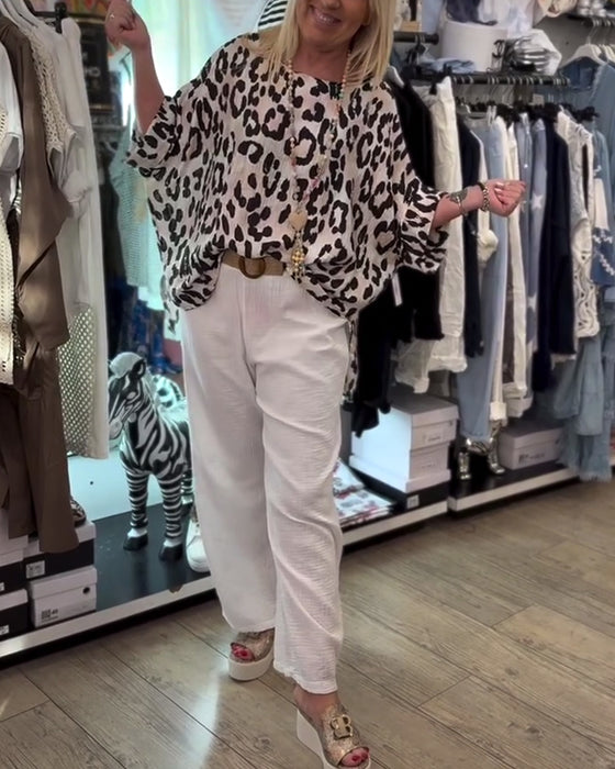 Blus Med Rund Hals Leopardtryck Lös