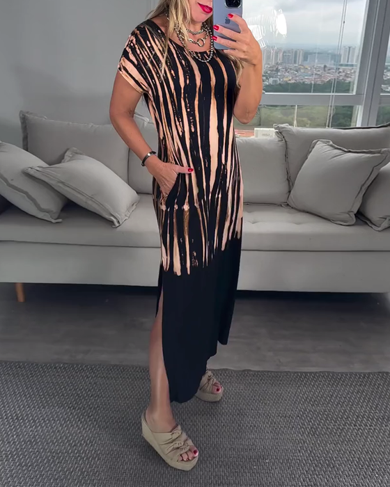 Klänning avslappnad kortärmad slits rund hals tryckt