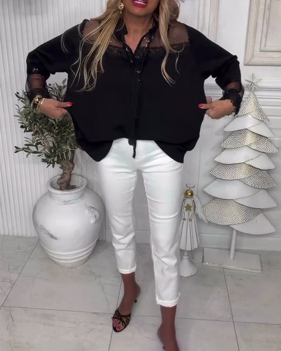 Blus Enfärgad Patchwork Långärmad