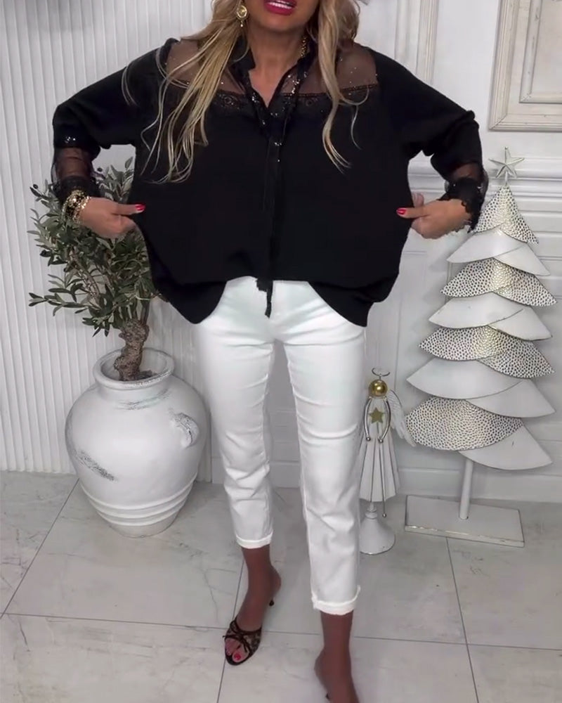 Blus Enfärgad Patchwork Långärmad