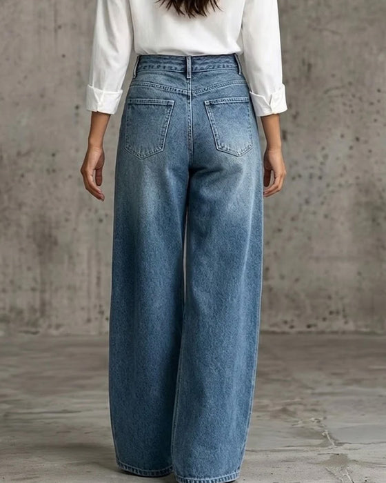 Byxor Knapp Ficka Bredbent Denim Lång