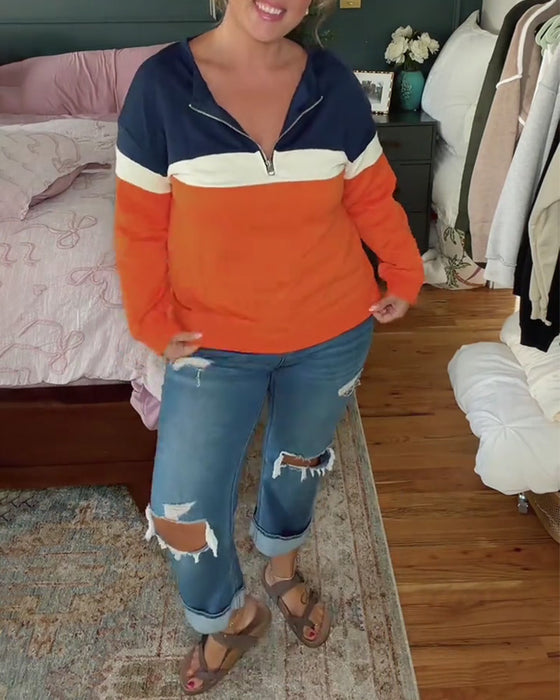 Sweatshirt Med Dragkedja, Ståkrage Och Färgblockering Långärmad