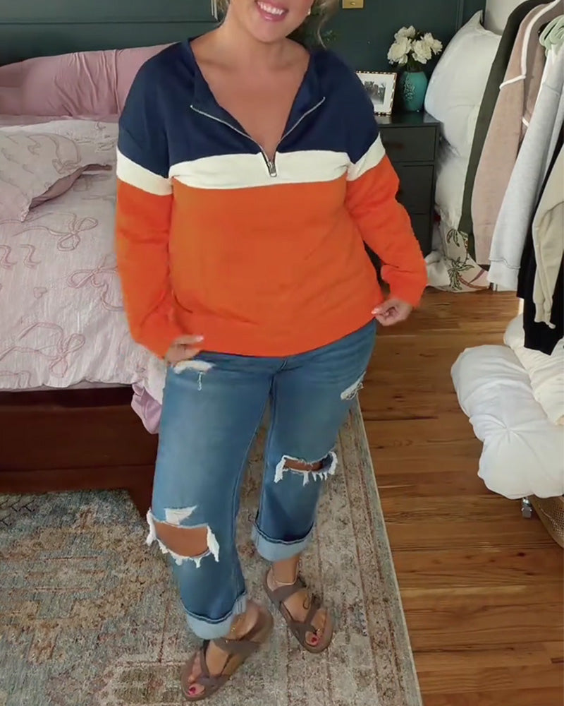 Sweatshirt Med Dragkedja, Ståkrage Och Färgblockering Långärmad