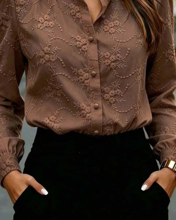 Blus Bubbel Ärm Mandarin Krage