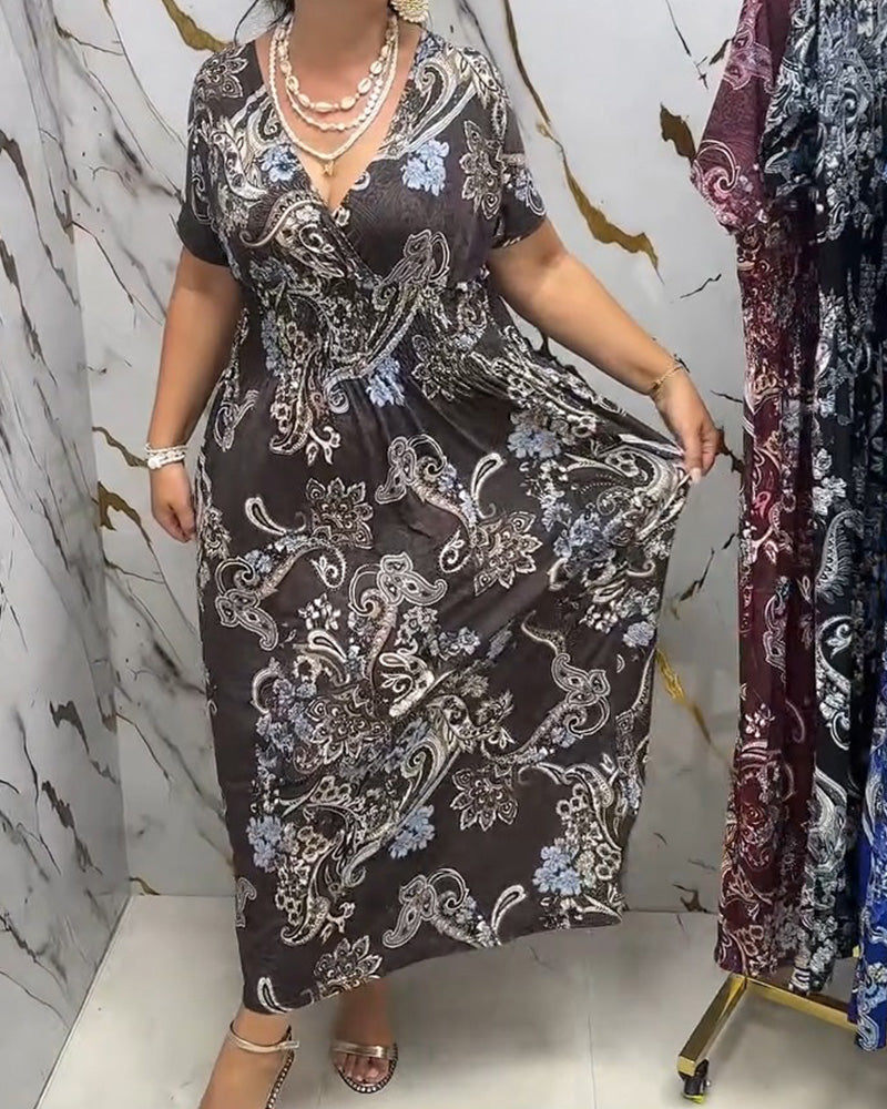 Klänning V-ringning Blommig Midjeraff Maxi
