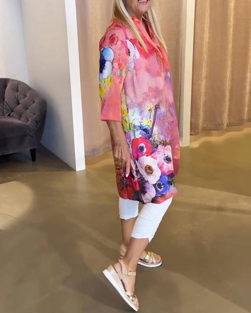 Klänning Stilfull Ståkrage Blomstertryck