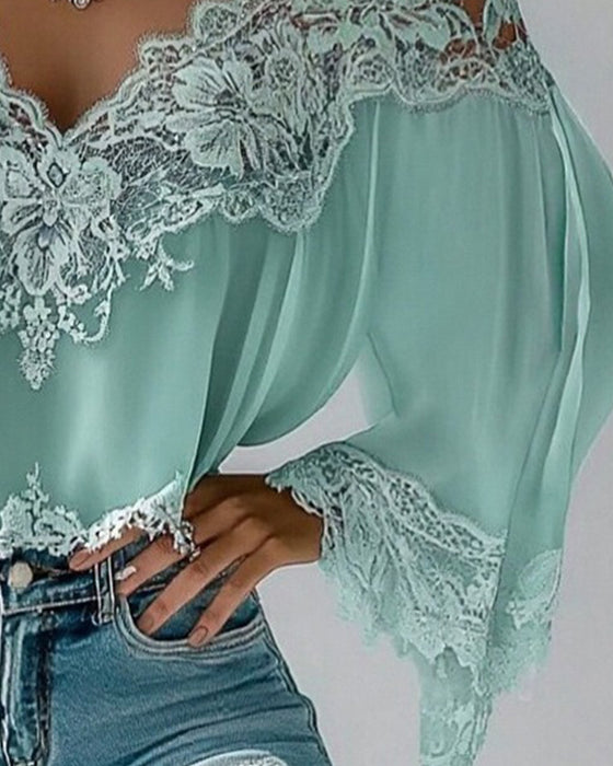 Blus V-Ringning Lapptäcks Lös Långärmad