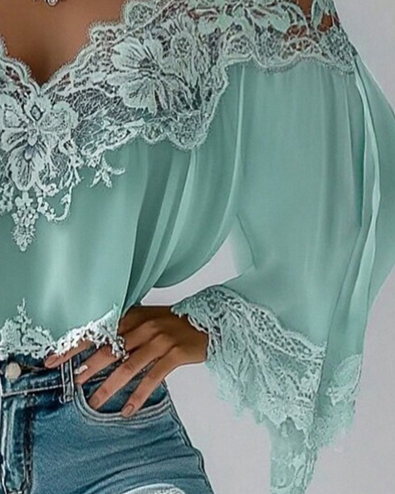 Blus V-Ringning Lapptäcks Lös Långärmad