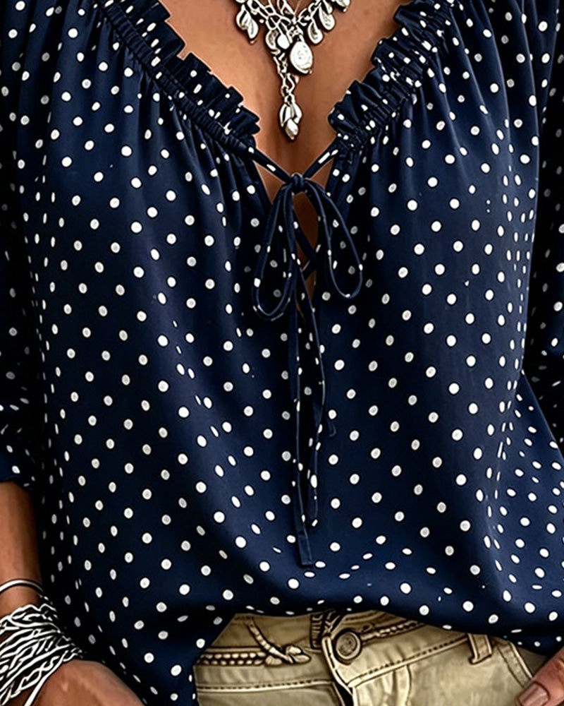 Blus V-Hals Ruffle Polka Dot Knytning