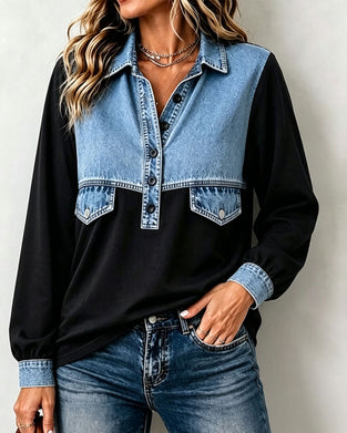 Sweatshirt Skjortkrage Ficka Patchwork