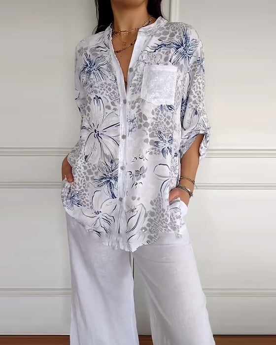 Skjorta Ståkrage Tryckt Ficka