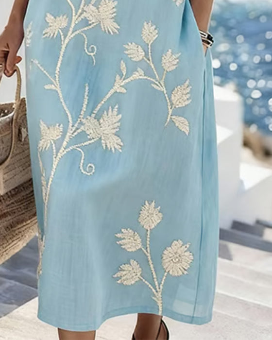 Klädning Rundhalsad Ärmlös Blommig Ficka