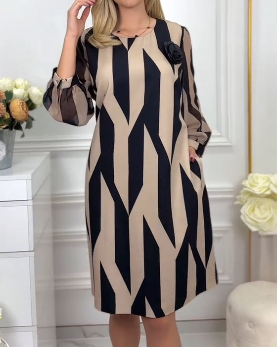 Klänning Med Rund Hals Med Lykta Ärm Tryckt