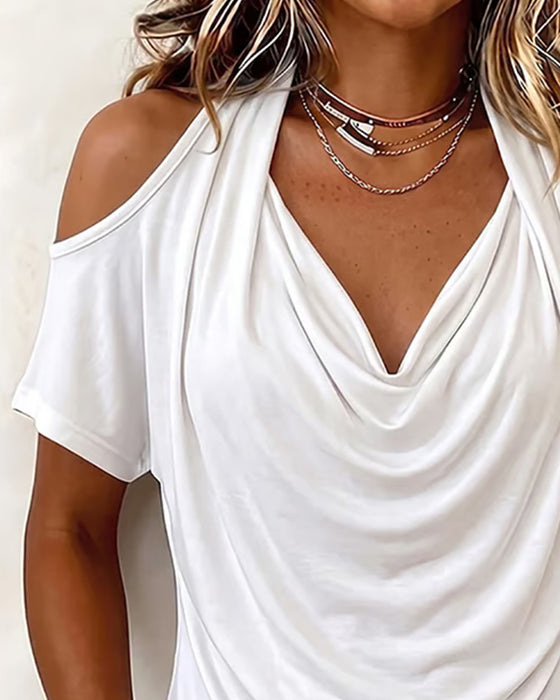 T-Shirt Halter Off-Shoulder Draperad Kort Ärm