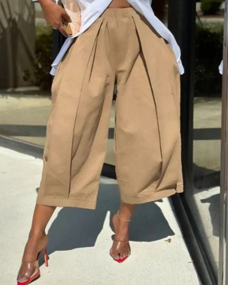 Byxor Enfärgad Elastisk Midja Tulpafåll Croppad