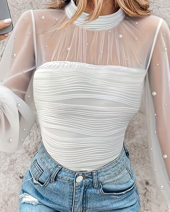 Blus Mock Neck Rynkad Sheer