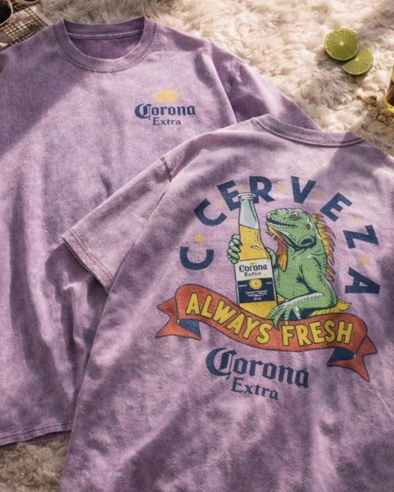 T-Shirt Vintage Nedsliten Tvättad Tryck