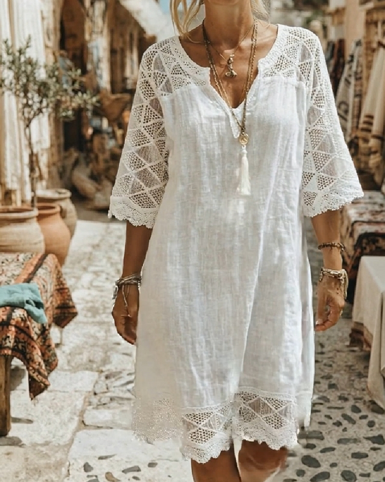 Klänning V-ringning Spets Patchwork Casual