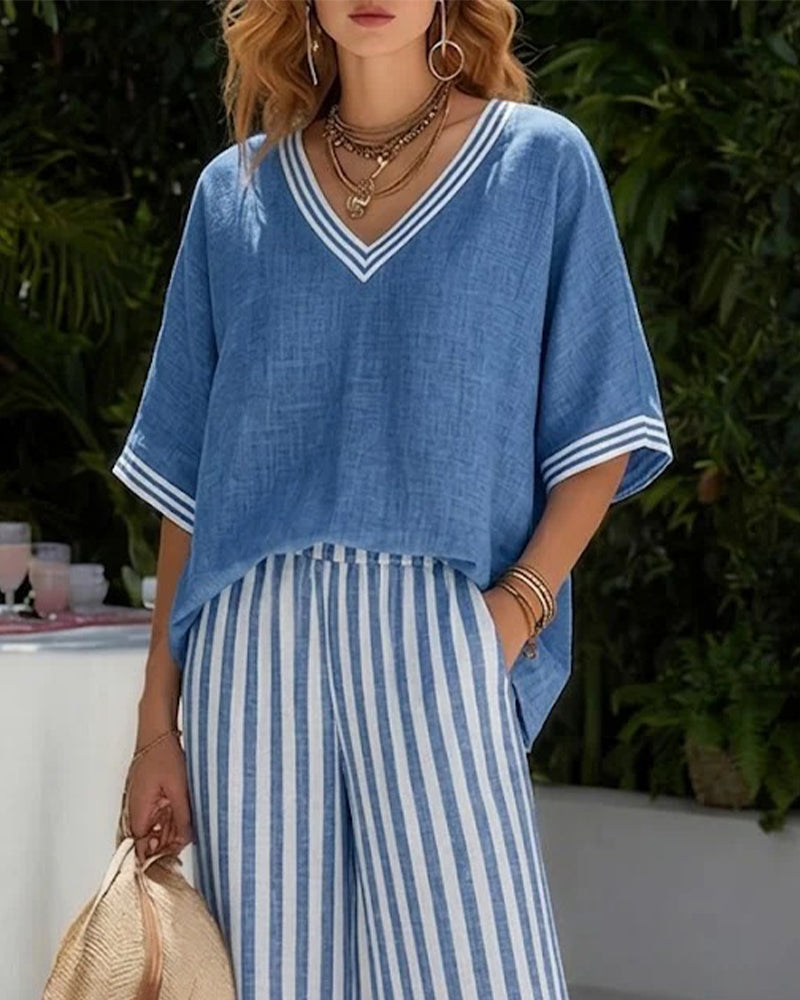 Set V-Ringning Fladdermusärm Randigt Vida Byxor