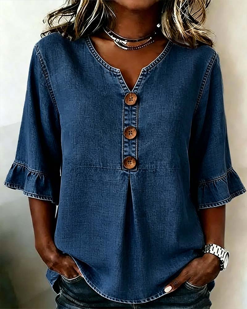 Blus V-ringning Utsvängd Ärm Denim