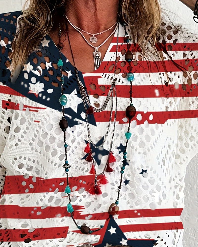 Pullover Flagga Print Utskärning Omslag Stickad