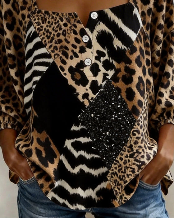 Blus Fyrkantig Hals Leopardtryck Lapptäcke Paljett