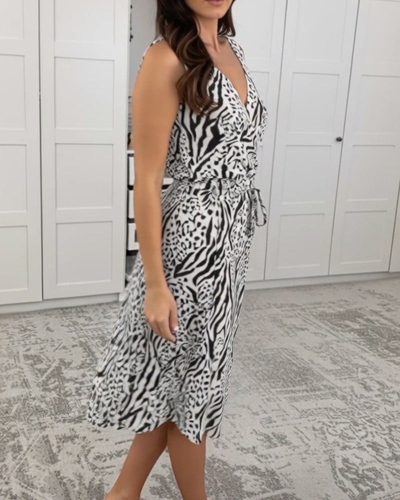 Klänning V-ringning Ärmlös Leopardtryck