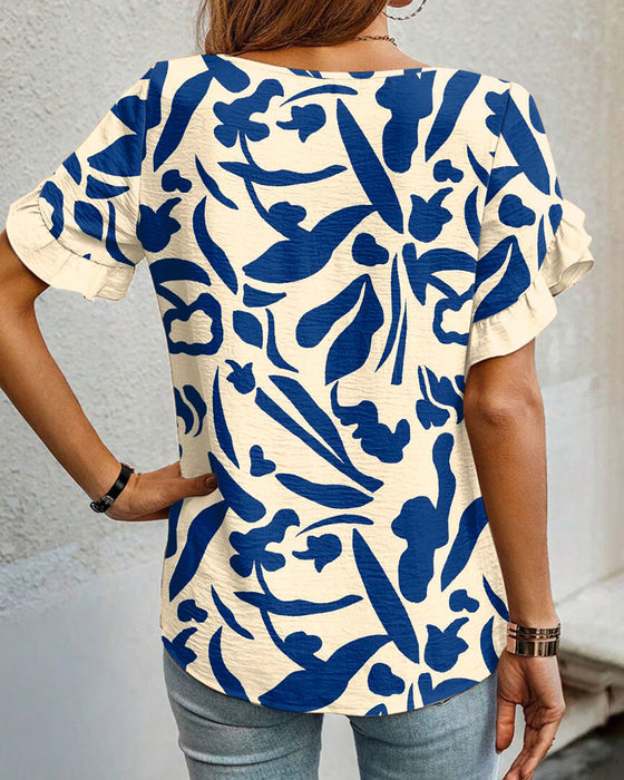 Blus Rund Hals Utskrift Volang