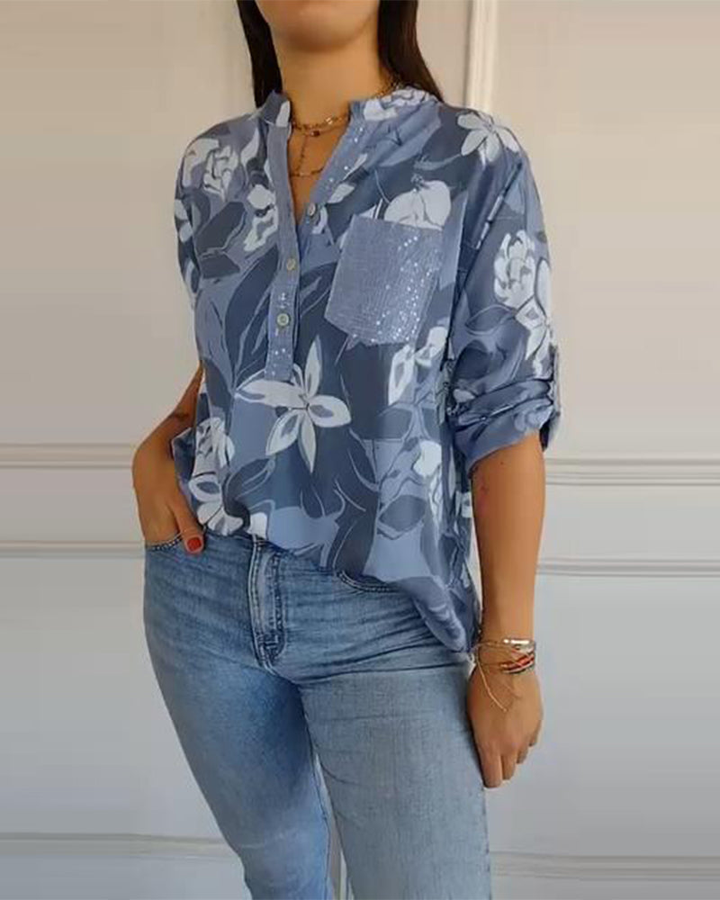 Blus Knappningskrage Paljett Färgblockad