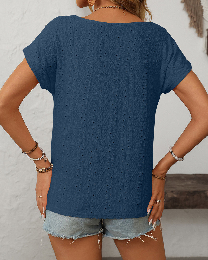 Blus Rund Hals Knapp Urtag Kort Ärme