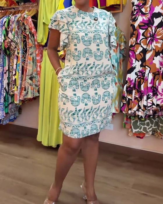 Klänning Retro Tryckt Volang Kortärmad