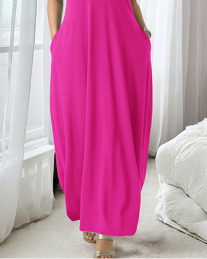 Klänning Enfärgad V-Ringad Korta Ärmar Maxi