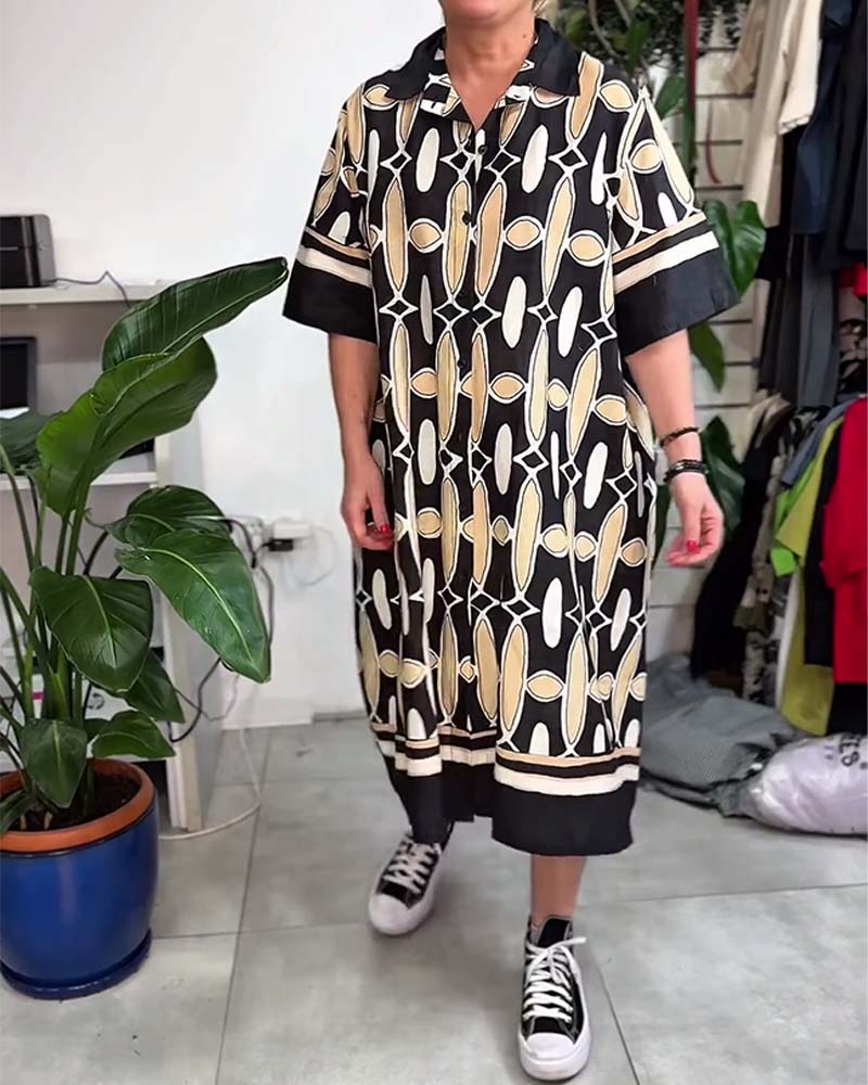 Klänning Krage Tryckt Kort Ärm Lös