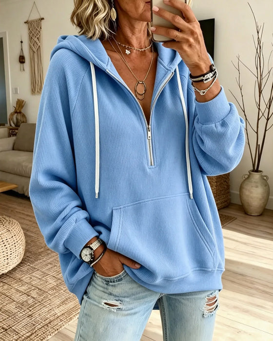 Hoodie Halv Dragkedja Långärmad Ficka