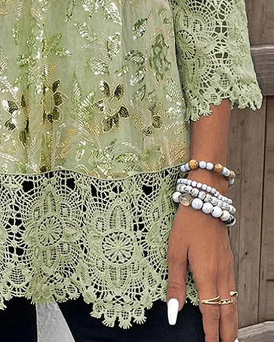 Blus Spets Patchwork Blommig V-Hals
