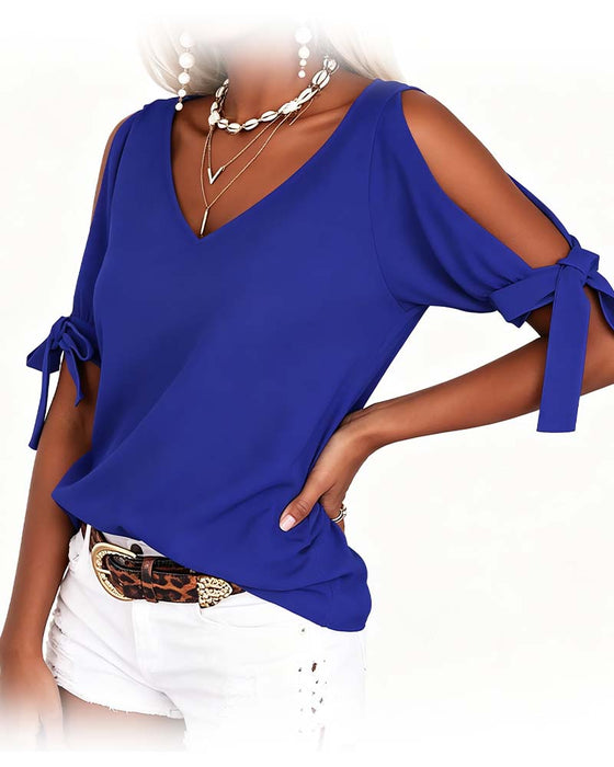 Blus V-Hals Cold Shoulder Rosett Enfärgad