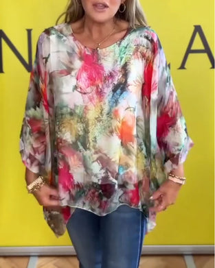 Blus Akvarell Blommig Fladdermusärm