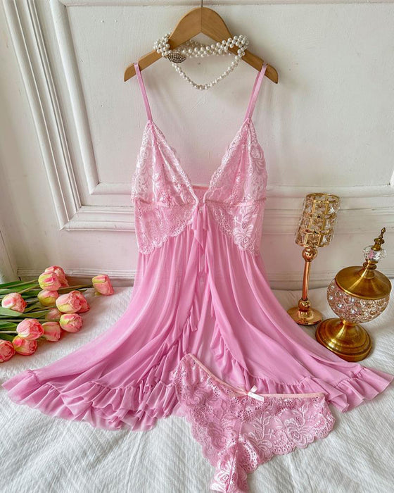 Cami Nattlinne & Rosettdekoration Trosa Set Damers Sexig Ruffle Kant Spets