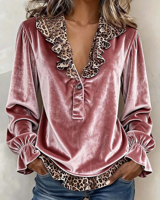 Blus V-Hals Leopard Tryck Ruffle Ärm