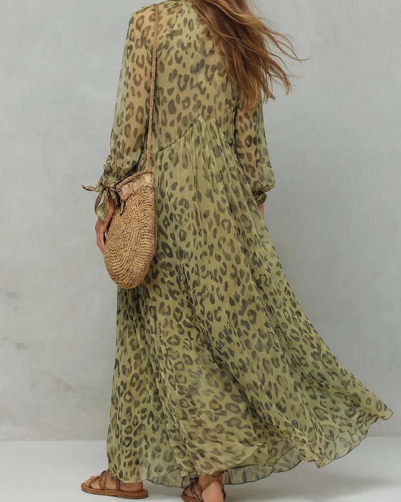 Klänning V-Hals Lång Ärm Leopard Maxi