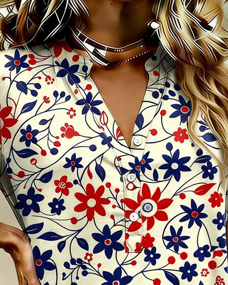 Klänning Blommor Och Vinrankor Tryck Kortärmad