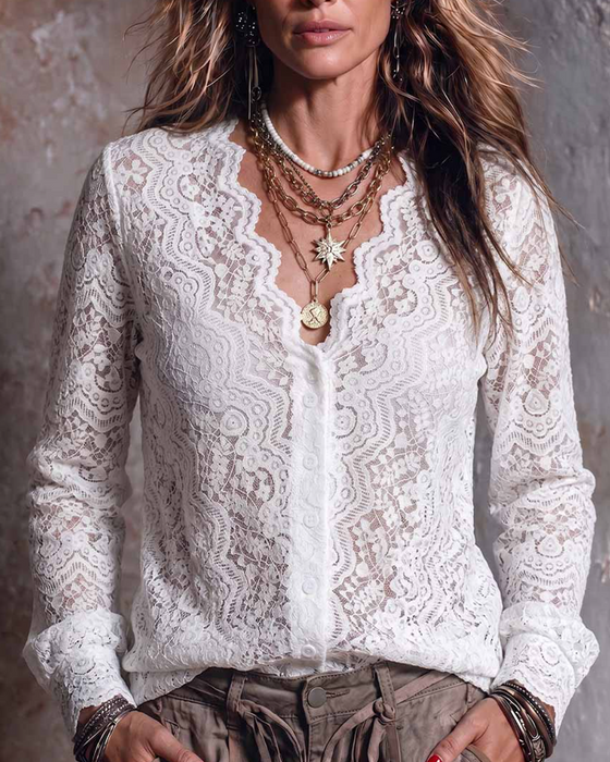Blus V-Hals Lång Ärm Casual