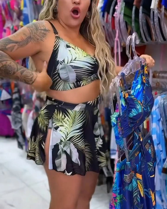 Bikinis Tropiskt Blad Tryck Kjol Tvådelad