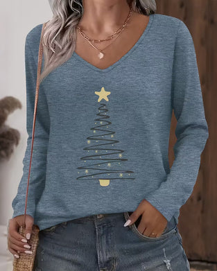 Långärmad Topp Med V-Ringning Och Tryck