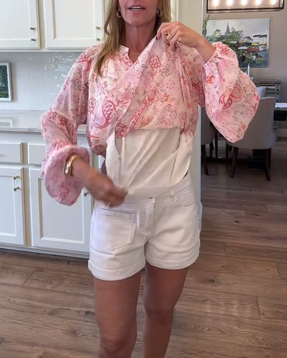 Blus Med Ballongärmar Och Blommönster