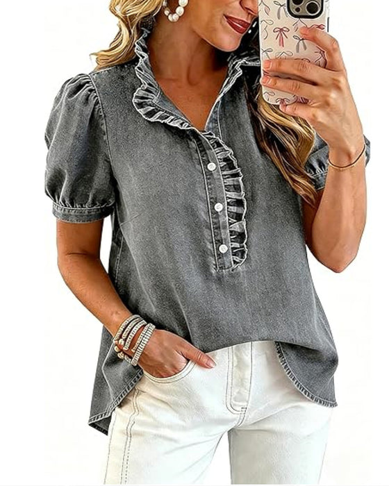 Blus Knapp Upp Ruffle Denim