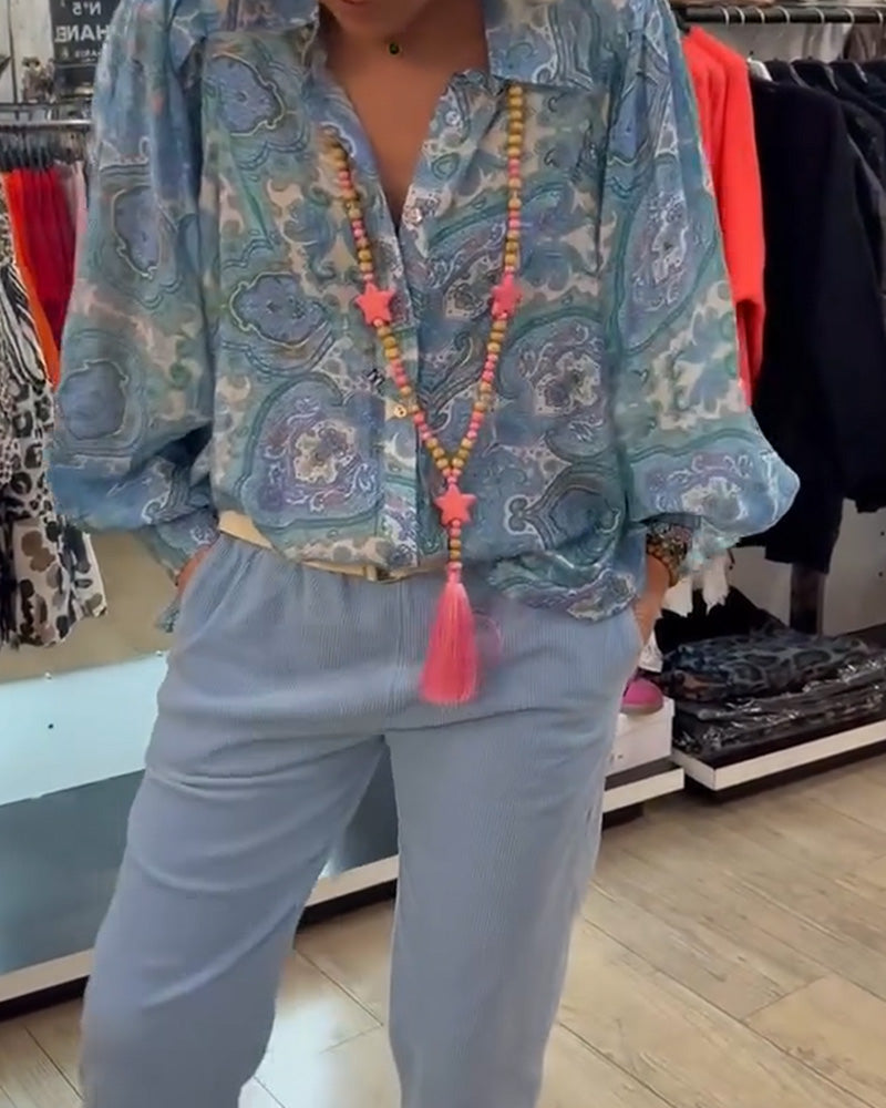 Skjorta Lössittande Cashewnöt Blomma Kappa