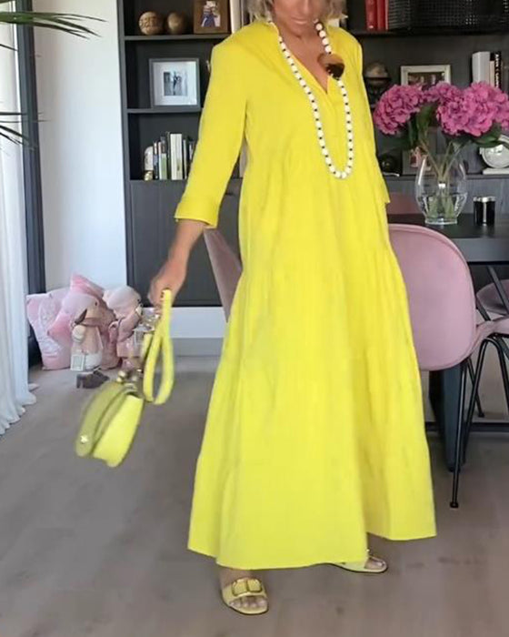 Casual enfärgad klänning med lapelficka och patchwork